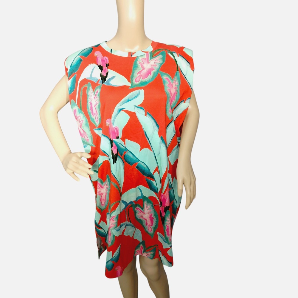 Farm Rio Dress Womens Large Red Parrot Print Organic Cotton Tropical Floral‎ NWT